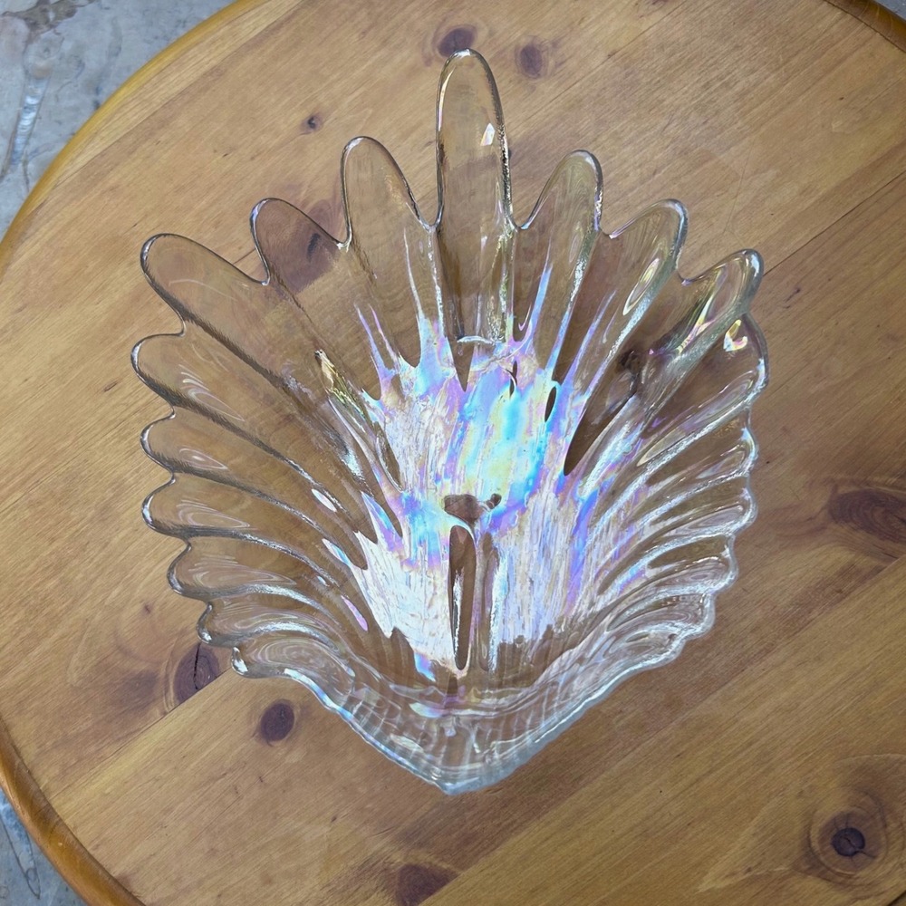 Vintage Seahorse Clamshell Bowl Iridescent Clear Rainbow Indiana Glass Tiara